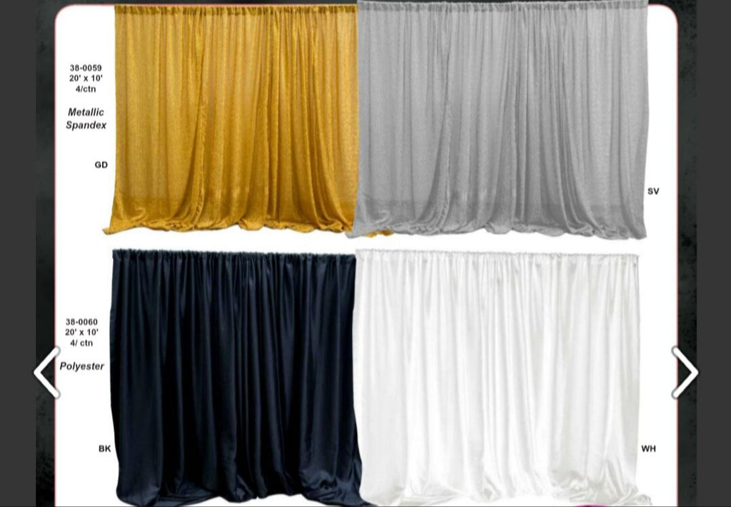 POLYESTER AND METALLIC SPANDEX BACKDROPS 20" x 10" Available colors in gold silver black red green fuchsia purple